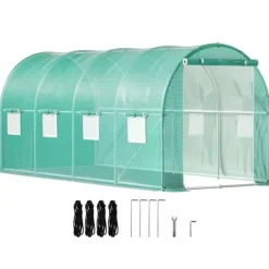 Gångtunnelt växthus 15x7x7 fot, portabelt växthus med stålbågar, toppbalk, diagonala stolpar, dragkedjedörrar och rullfönster.