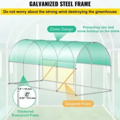 Gångtunnelt växthus 15x7x7 fot, portabelt växthus med stålbågar, toppbalk, diagonala stolpar, dragkedjedörrar och rullfönster.