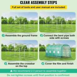 Gångtunnelt växthus 15x7x7 fot, portabelt växthus med stålbågar, toppbalk, diagonala stolpar, dragkedjedörrar och rullfönster.