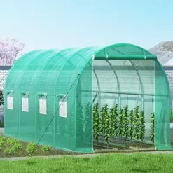 Gångtunnelt växthus 15x7x7 fot, portabelt växthus med stålbågar, toppbalk, diagonala stolpar, dragkedjedörrar och rullfönster.