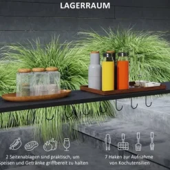 Grillpaviljong 233x110x235 cm, vindtålig med dubbeltak och hyllor, UV-skydd, stål, mörkgrå