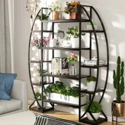 Halvmåne växtställ - Blomhylla/steghylla - 5 Nivåer - Metall - Med Belysning - XL - Inne/Ute - Orange