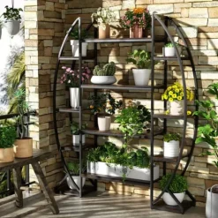 Halvmåne växtställ - Blomhylla/steghylla - 5 Nivåer - Metall - Med Belysning - XL - Inne/Ute - Orange