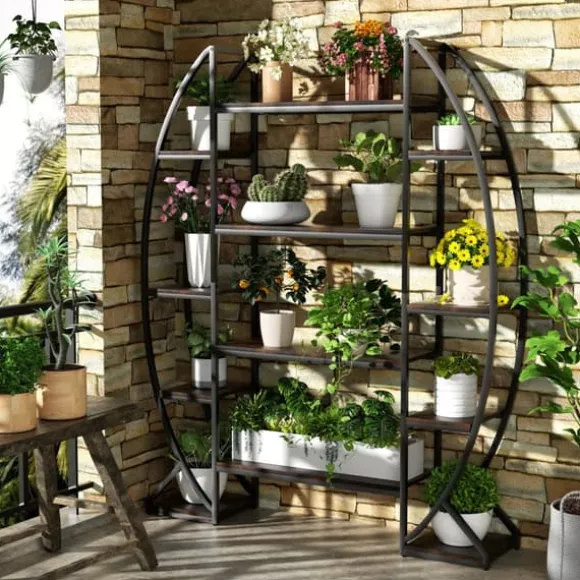 Halvmåne växtställ - Blomhylla/steghylla - 5 Nivåer - Metall - Med Belysning - XL - Inne/Ute - Orange