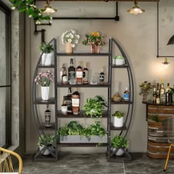 Halvmåne växtställ - Blomhylla/steghylla - 5 Nivåer - Metall - Med Belysning - XL - Inne/Ute - Orange