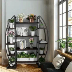 Halvmåne växtställ - Blomhylla/steghylla - 5 Nivåer - Metall - Med Belysning - XL - Inne/Ute - Orange