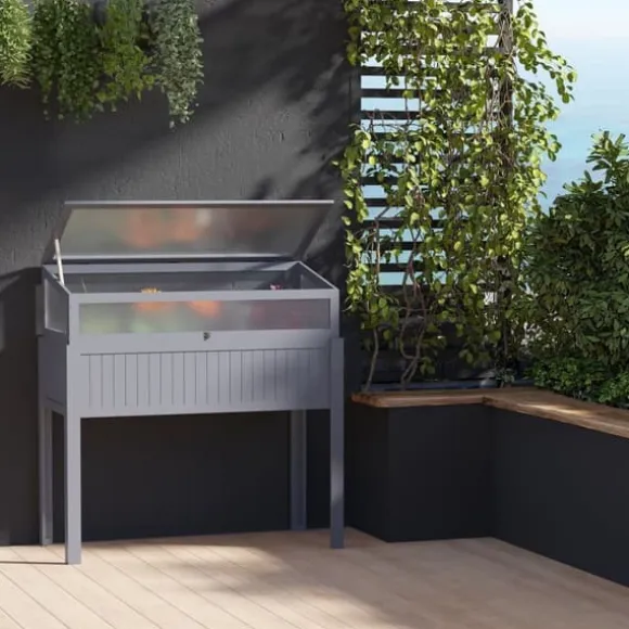 Högbädd i trä med växthus 120x54x112/122 cm, polykarbonat, grå – för tomater & grönsaker