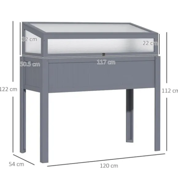 Högbädd i trä med växthus 120x54x112/122 cm, polykarbonat, grå – för tomater & grönsaker