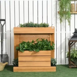 Högbädd med 4 insatser & självbevattning, fodrad, trä brun, 79,5x49,5x80 cm