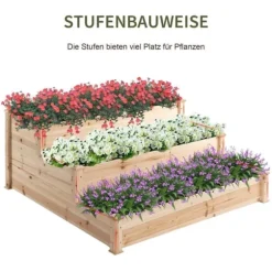 Högbädd 3-stegs i trä 124x124x56 cm – örttrappa för balkong & trädgård