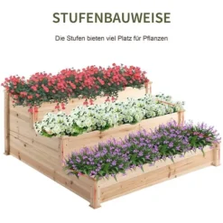 Högbädd 3-stegs i trä 124x124x56 cm – örttrappa för balkong & trädgård
