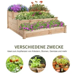 Högbädd 3-stegs i trä 124x124x56 cm – örttrappa för balkong & trädgård