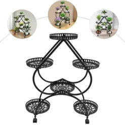 Hjärtformat växtställ - Blomsterställ - 6 hyllplan - Järn - 4 hjul (2 med broms) - 7,5 kg per hyllplan