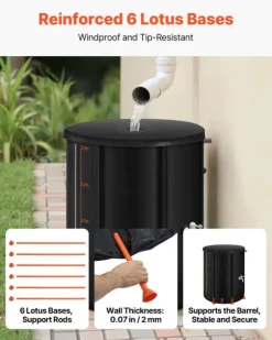 Hopfällbar regntunna - Regnvattentunna 201 l - 1000D PVC - Med kran och överfyllningskit - Bärbar - Svart