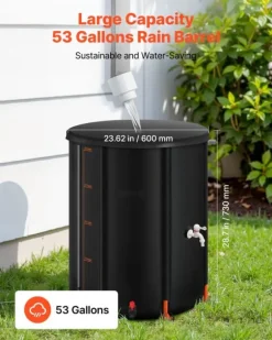 Hopfällbar regntunna - Regnvattentunna 201 l - 1000D PVC - Med kran och överfyllningskit - Bärbar - Svart