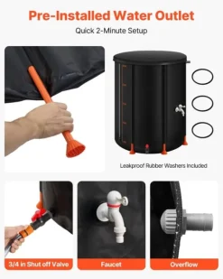 Hopfällbar regntunna - Regnvattentunna 201 l - 1000D PVC - Med kran och överfyllningskit - Bärbar - Svart