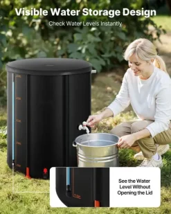 Hopfällbar regntunna - Regnvattentunna 201 l - 1000D PVC - Med kran och överfyllningskit - Bärbar - Svart