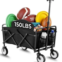 Hopfällbar vagn - Trädgårds-/strandvagn - 60 kg Maxbelastning - 360° Svängbara hjul - Justerbart handtag - 73×47×24 cm - Vit