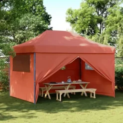 Hopfällbart partytält med 4 sidoväggar - Pop-Up-tält | Färg: Terrakotta | Storlek: Rymlig