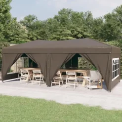 Hopfällbart partytält med sidoväggar taupe 3x6 m