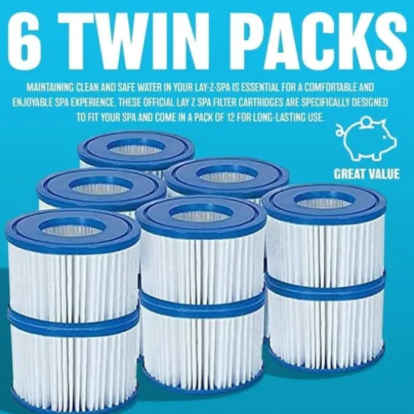 Hot Tub Filter Cartridge VI - För alla Lay-Z Spa-modeller Hawaii Miami Paris Vegas Monaco | 6 x Twin Pack (12 filter) | Använd för poolrengöring