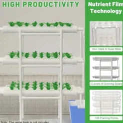 Hydroponiskt odlingskit - Grönsaksodlingssystem - 108 plantplatser - 3 nivåer - 12 rör - Vattenpump - För hem/kontor - Vit