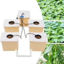 Hydroponiskt odlingssystem - KP182 - 5 hinkar - 11 L kapacitet - Inomhus droppbevattning - Komplett kit - Gul och vit