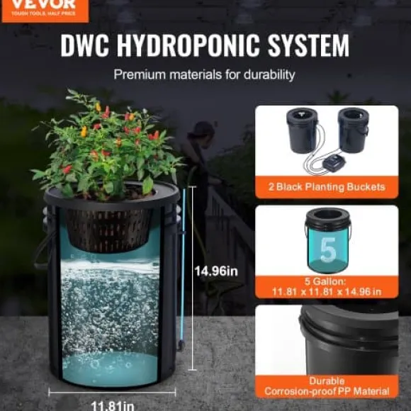 Hydroponiskt odlingssystem, Deep Water Culture 30x30x38 cm, svart, 2 hinkar