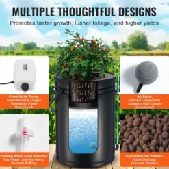 Hydroponiskt odlingssystem, 5-gallons djupvattenkultur, 30x30x38 cm, svart, PP-material