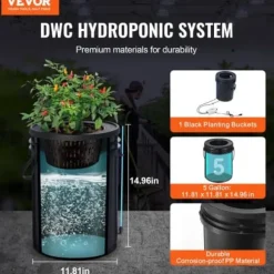 Hydroponiskt odlingssystem, 5-gallons djupvattenkultur, 30x30x38 cm, svart, PP-material