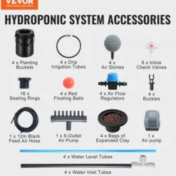 Hydroponiskt odlingssystem, Deep Water Culture 4 hinkar 30x30x38 cm, svart, PP-material