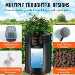 Hydroponiskt odlingssystem, Deep Water Culture 4 hinkar 30x30x38 cm, svart, PP-material