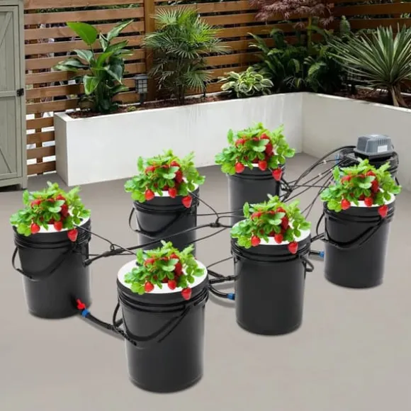 Hydroponiskt odlingssystem - DWC 7-hinkars kit - 20 l per hink - Luftpump EU-kontakt - Max lyfthöjd 1,2 m - PP - Svart