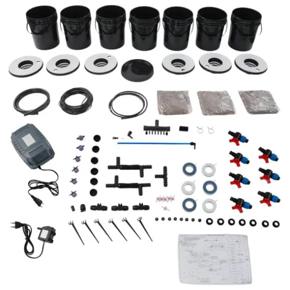 Hydroponiskt odlingssystem - DWC 7-hinkars kit - 20 l per hink - Luftpump EU-kontakt - Max lyfthöjd 1,2 m - PP - Svart