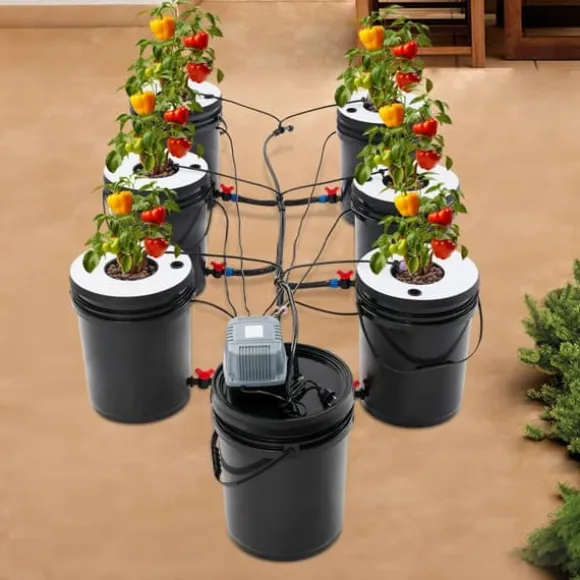 Hydroponiskt odlingssystem - DWC 7-hinkars kit - 20 l per hink - Luftpump EU-kontakt - Max lyfthöjd 1,2 m - PP - Svart