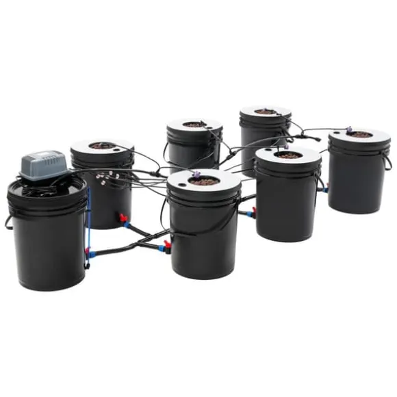 Hydroponiskt odlingssystem - DWC 7-hinkars kit - 20 l per hink - Luftpump EU-kontakt - Max lyfthöjd 1,2 m - PP - Svart