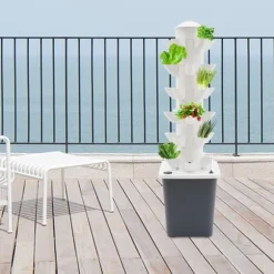 Hydroponiskt odlingssystem - Vertikalt tornkit - 6 våningar - 30 planteringshål - Med vattenpump - Vattennivåmätare - Vit/Grå