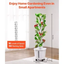 Hydroponiskt odlingssystem, 50 pods 10 nivåer, 35x35x131 cm, vit, inomhusträdgård