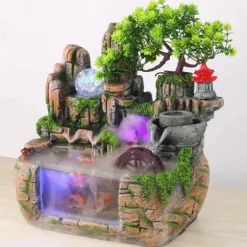 Inomhus bordfontän - stenlandskap vattenfall - Harts - LED-ljus - 220V - Nätdriven - Dimgenerator - Feng Shui