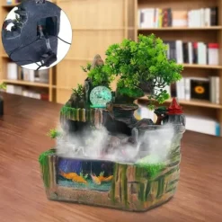 Inomhusfontän - Bordfontän med akvarium - LED-belysning - Dimgenerator - Vattenfall - 30 x 18 x 33 cm - Harts - 220 V - Brun