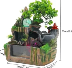 Inomhusfontän - Bordfontän med akvarium - LED-belysning - Dimgenerator - Vattenfall - 30 x 18 x 33 cm - Harts - 220 V - Brun