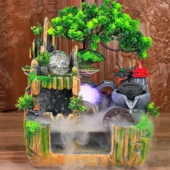 Inomhusfontän - Bordfontän med akvarium - LED-belysning - Dimgenerator - Vattenfall - 30 x 18 x 33 cm - Harts - 220 V - Brun