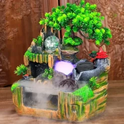 Inomhusfontän - Bordfontän med akvarium - LED-belysning - Dimgenerator - Vattenfall - 30 x 18 x 33 cm - Harts - 220 V - Brun