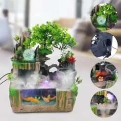 Inomhusfontän - Bordfontän med akvarium - LED-belysning - Dimgenerator - Vattenfall - 30 x 18 x 33 cm - Harts - 220 V - Brun