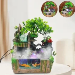 Inomhusfontän - Bordfontän med akvarium - LED-belysning - Dimgenerator - Vattenfall - 30 x 18 x 33 cm - Harts - 220 V - Brun