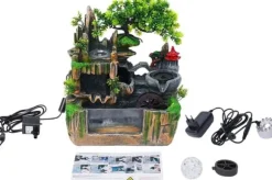 Inomhusfontän - Bordfontän med akvarium - LED-belysning - Dimgenerator - Vattenfall - 30 x 18 x 33 cm - Harts - 220 V - Brun