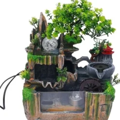 Inomhusfontän - Bordfontän med akvarium - LED-belysning - Dimgenerator - Vattenfall - 30 x 18 x 33 cm - Harts - 220 V - Brun