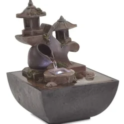 Inomhusfontän med LED-lampor i polyresin - Fridfull vattendekoration | Färg: Grå | Storlek: 30x25x50 cm