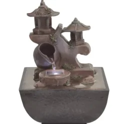 Inomhusfontän med LED-lampor i polyresin - Fridfull vattendekoration | Färg: Grå | Storlek: 30x25x50 cm