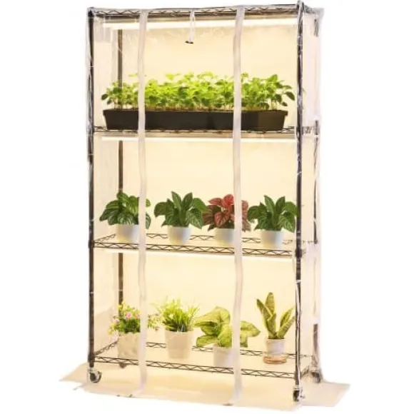 Inomhusväxthus, 4-vånings växtställ med växtlampa, 90x35x150 cm, metall